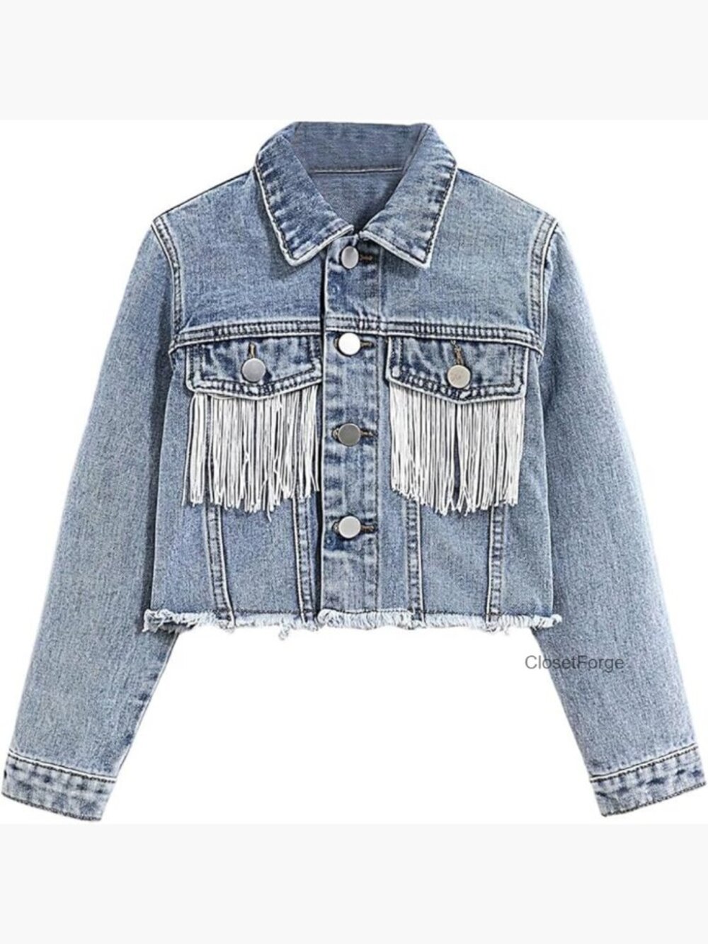 Girls Fringe Denim Cropped Jean Jacket Long Sleeve Raw Trim Button Down Western